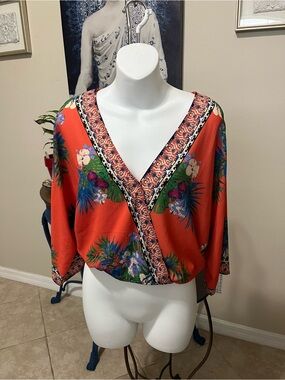 Flying Tomato Oversized tropical mixed print Top w Kimono Sleeves - XS